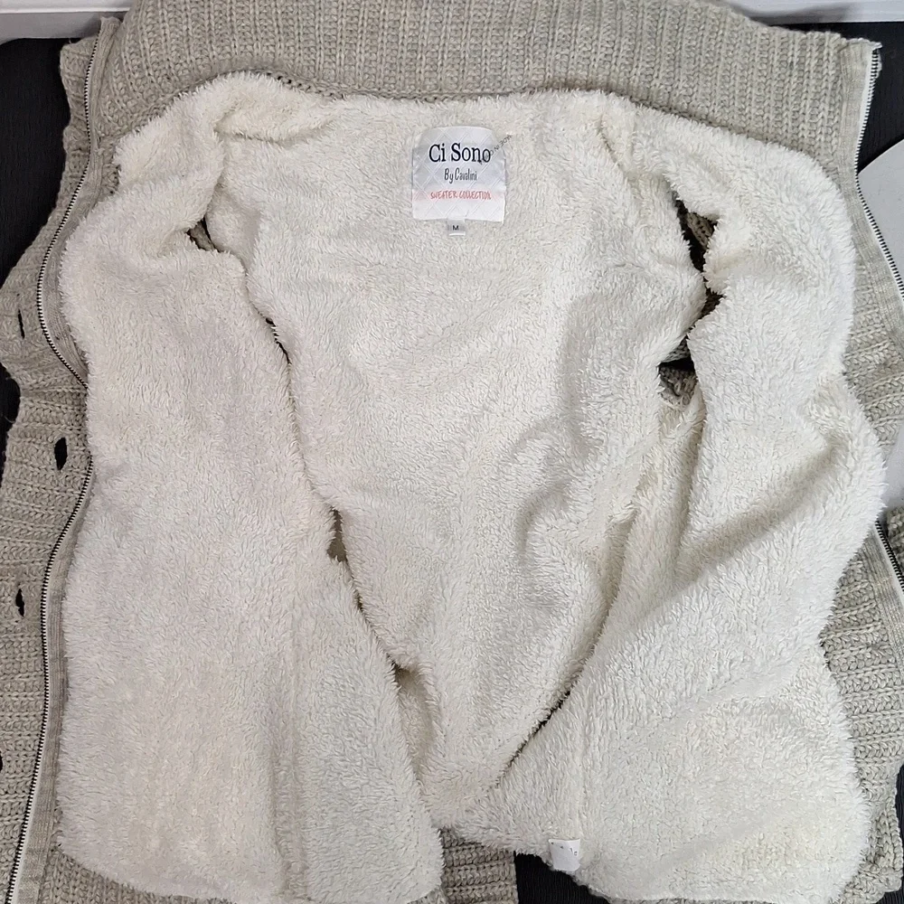 CI SONO by CAVALINI Chunky Crochet Sherpa Lined Zip Up and Button Jacket…